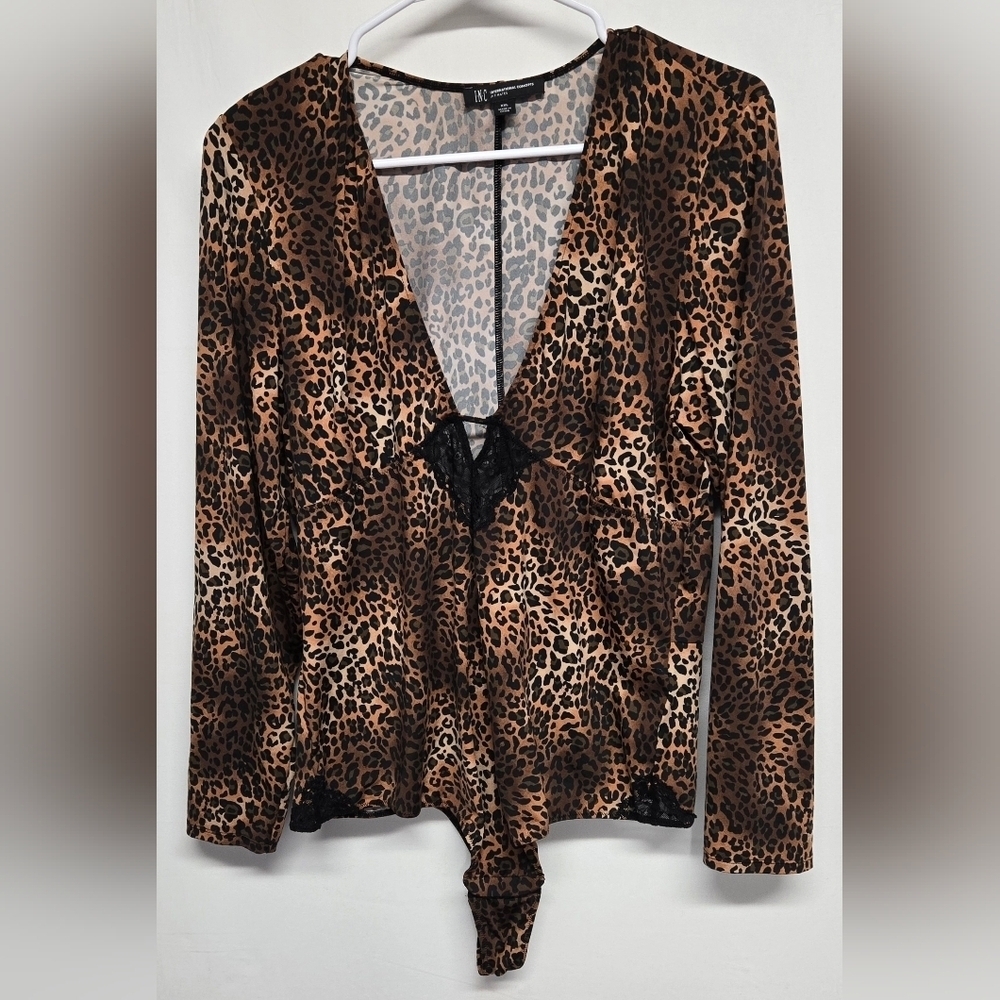 INC Intimates Bodysuit Thong Stretch Knit Animal Print Long Sleeve Lace Like New